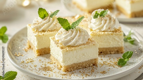 Wallpaper Mural An artistic plating of cheesecake bars with hand-piped whipped cream, fresh mint garnish, and a hint of edible glitter Torontodigital.ca