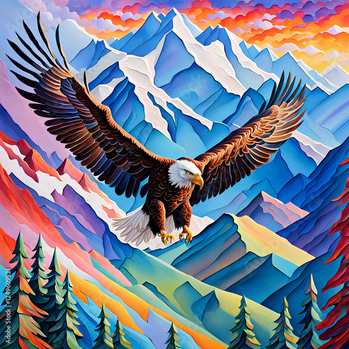 A golden eagle against a mountain pastel-colored geometric pattern background