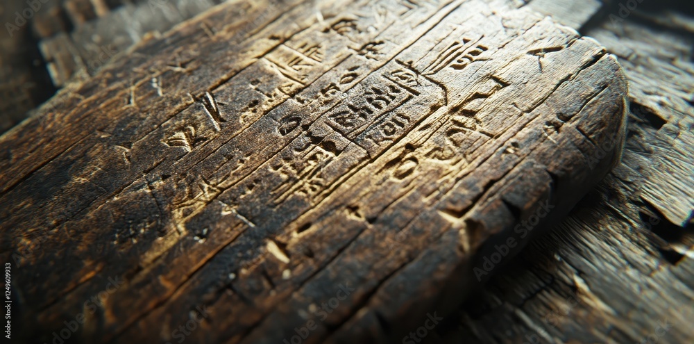 Fototapeta premium Ancient wooden tablet inscribed with hieroglyphs resting on wood