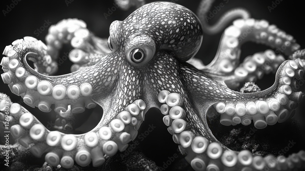 Fototapeta premium A detailed black-and-white image of an octopus showcasing its textures.