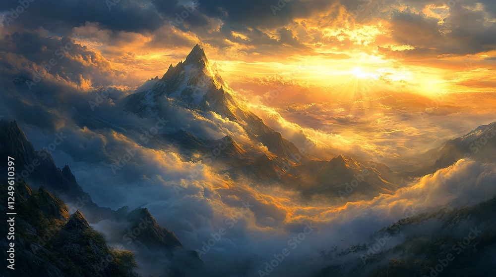 Fototapeta premium Majestic sunset peak, cloudscape, mountain range, fantasy artwork, game background