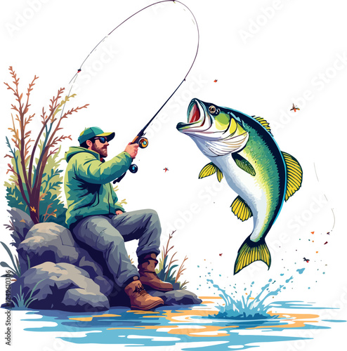 Vsai fisherman reeling in a large bass from a rocky shore