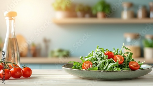   A tableau showcases a close-up of a verdant bowl of salad, replete with juicy red tomatoes and an elegant bottle of olive oil nestled in the periphery