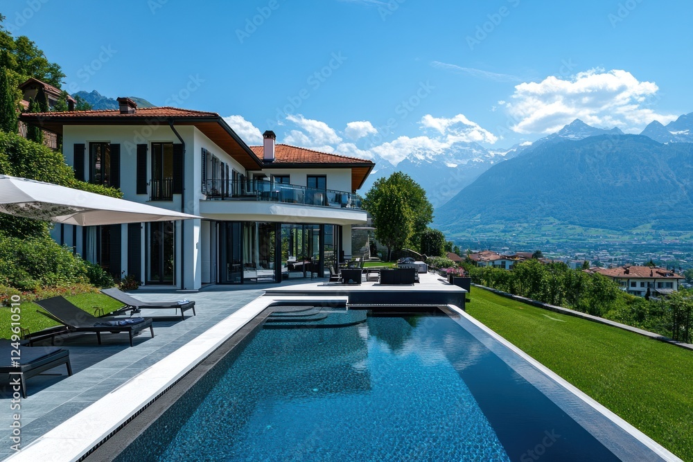 Fototapeta premium Luxury villa with infinity pool overlooking mountains.
