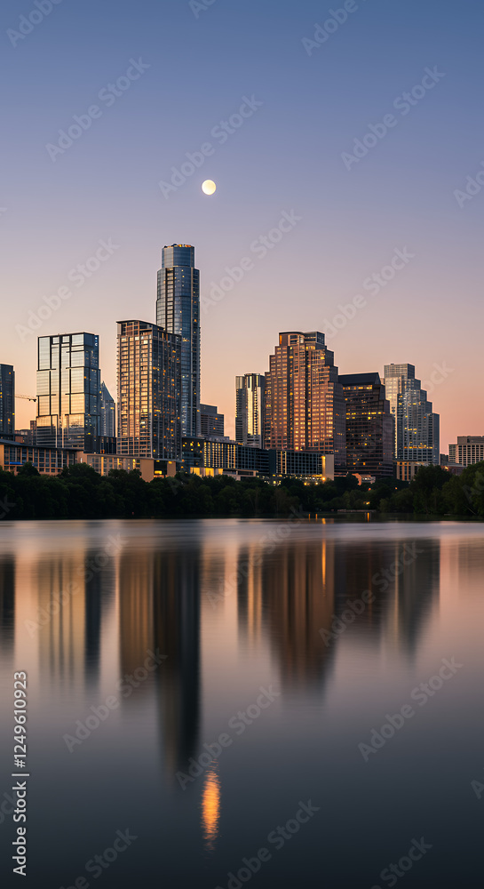 ** Austin Skyline at Twilight: Moonlit Reflections on the Colorado River, Texas Cityscape, Urban Beauty ** Austin Skyline at Twilight: Moonlit Reflections on the Colorado River, Texas Cityscape, Urban Beauty