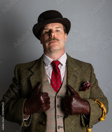 Vintage Gangster Boss in Tweed Suit and Bowler Hat Standing Proudly. Strong Retro Criminal.