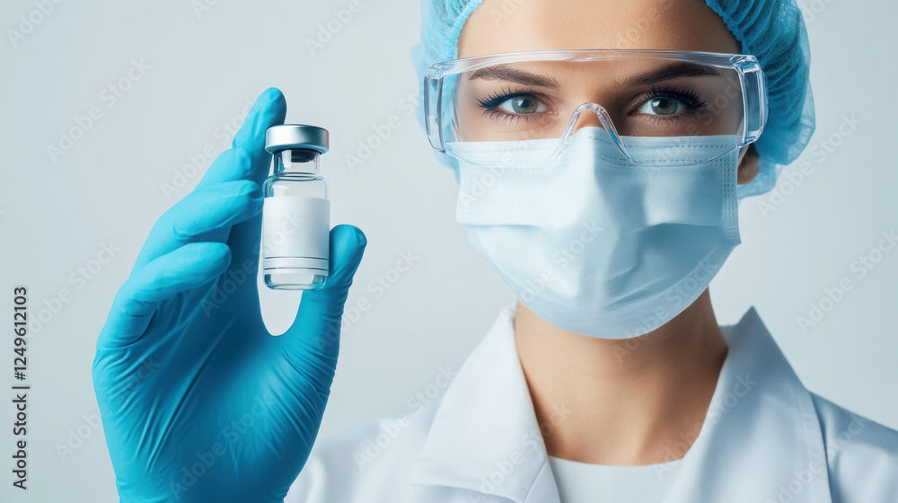 Medical professional in lab coat with protective gear holding vial for scientific research and healthcare Medical professional in lab coat with protective gear holding vial for scientific research and healthcare