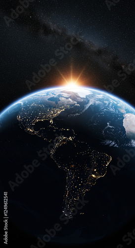 Earth at Sunrise: Stunning Space View of Americas & Starry Sky | Planet, Globe, World, Cosmos, Orbit, Astronomy, Universe, Celestial Beauty