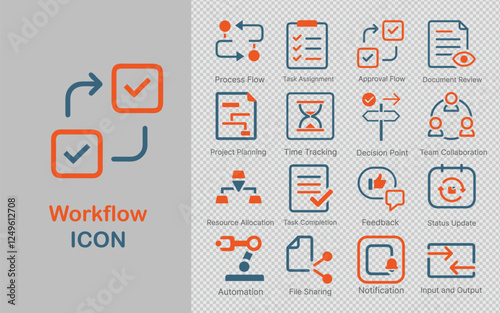 hand-drawn workflow icon set with creative designs for task flow, project planning, resource allocation, team collaboration, and more