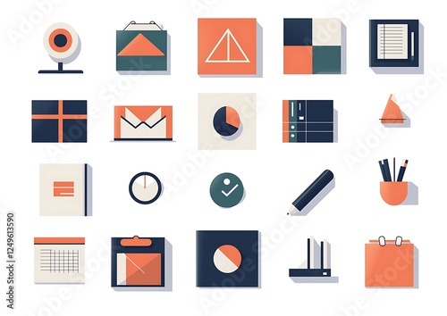 A clean grid geometric icons representing various office tasks and roles
