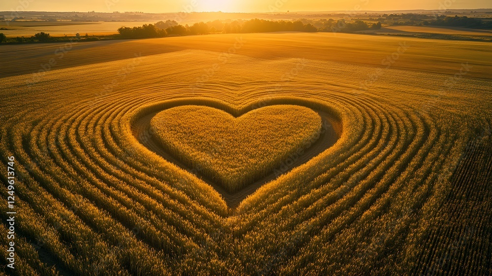 Naklejka premium Heart-shaped pattern in golden wheat field during sunset creates a serene landscape