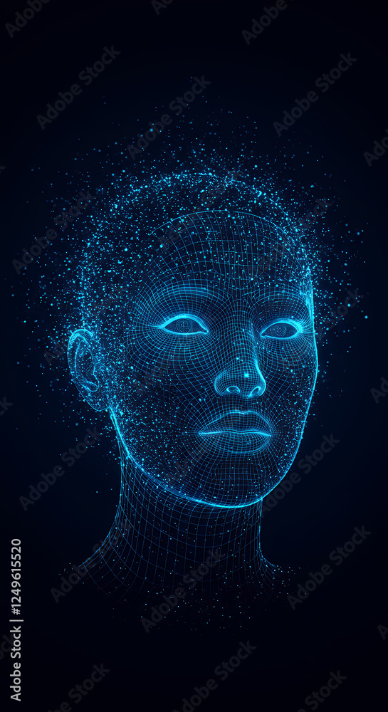 ** Digital Identity: AI Face Mesh, Futuristic Technology, Blue Wireframe Portrait, Virtual Reality, Tech Innovation, Data Visualization, Cyberpunk ** Digital Identity: AI Face Mesh, Futuristic Technology, Blue Wireframe Portrait, Virtual Reality, Tech Innovation, Data Visualization, Cyberpunk