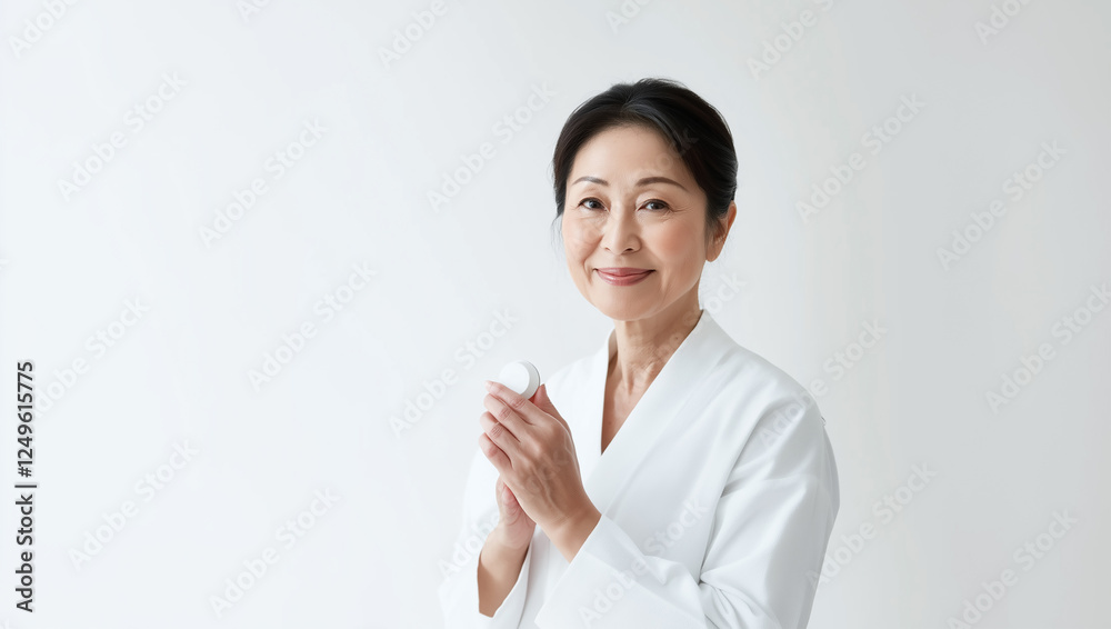 Senior asian woman is smiling on white background. AI-generated image. Senior asian woman is smiling on white background. AI-generated image.
