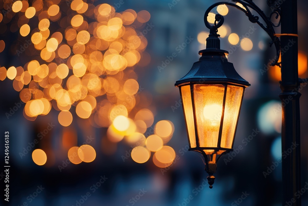 Warm glowing lantern illuminates street with festive bokeh lights in evening Warm glowing lantern illuminates street with festive bokeh lights in evening