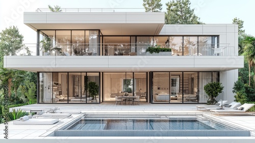 Modern villa with a pool  surrounded by greenery and large glass windows.