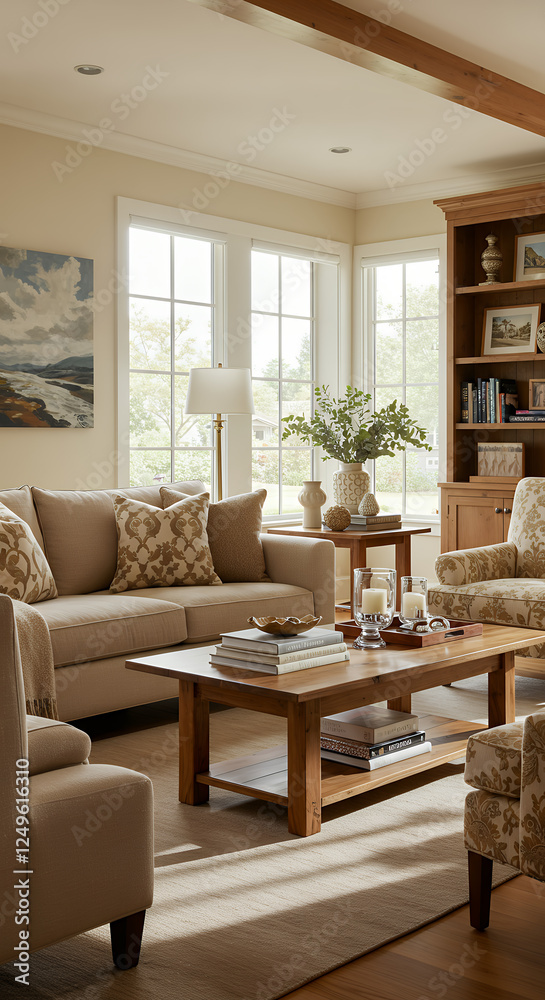 Fototapeta premium Cozy Living Room: Neutral Sofa, Natural Wood Coffee Table, & Abundant Windows. Elegant Home Decor Ideas & Interior Design Inspiration