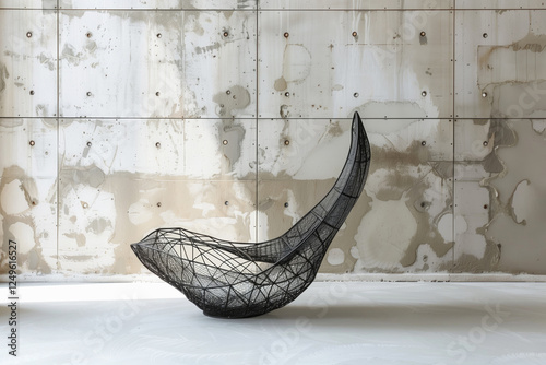 A metal wire chair, made of thin and straight wires that create an abstract shape reminiscent of the shell of some sea creatures or birds' feathers. The structure is elegant with its curved lines. photo