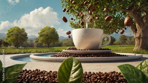 a whimsical coffee-themed landscape where coffee beans grow on trees and a giant coffee cup serves as a fountain photo