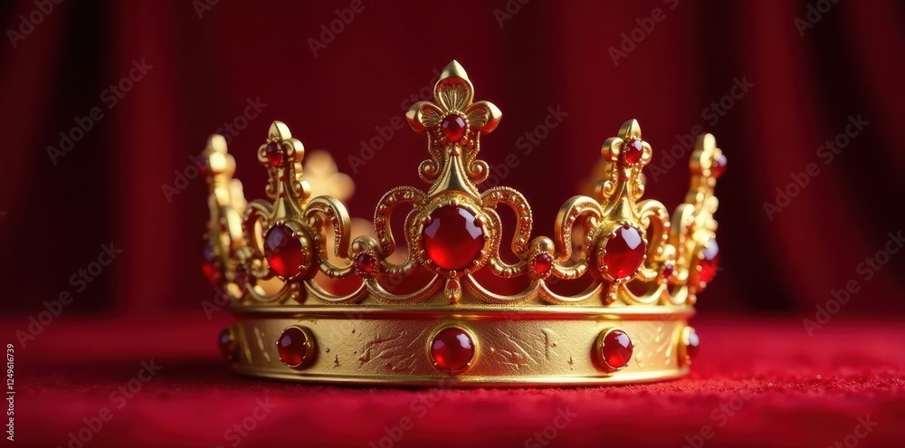 Obraz premium Ornate gold crown, red jewels, burgundy velvet, luxury, precious