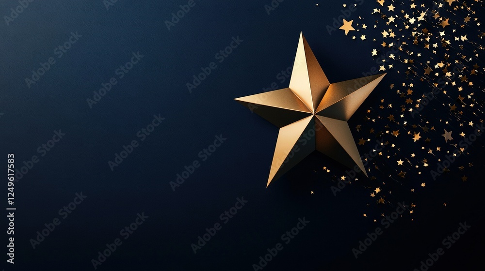 Obraz premium A golden star encircled by gold stars on a black backdrop, sprinkled with gold confetti