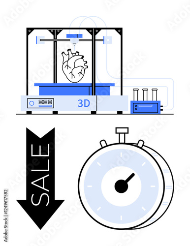 3D printer crafting a human heart, timer symbolizing urgency, large down arrow with Sale. Ideal for medical innovation, technology, urgency, sales, precision, healthcare abstract line flat metaphor