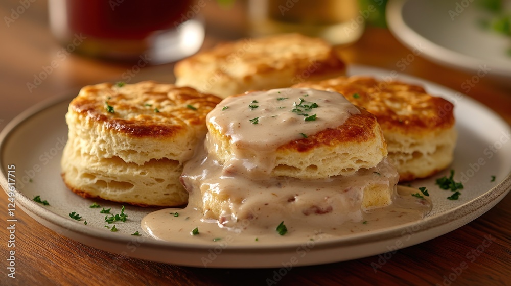 Buttermilk biscuits with sausage gravy. Buttermilk biscuits with sausage gravy.