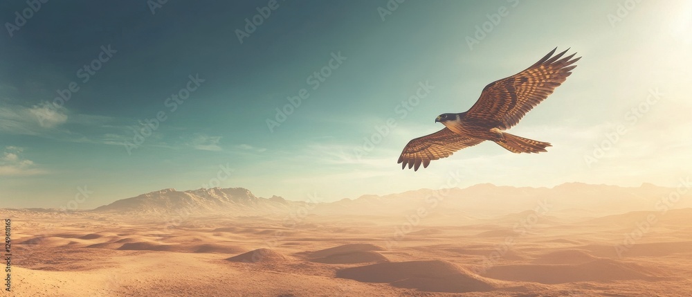 Naklejka premium Majestic Hawk Gliding Over Vast Desert Landscape at Sunset