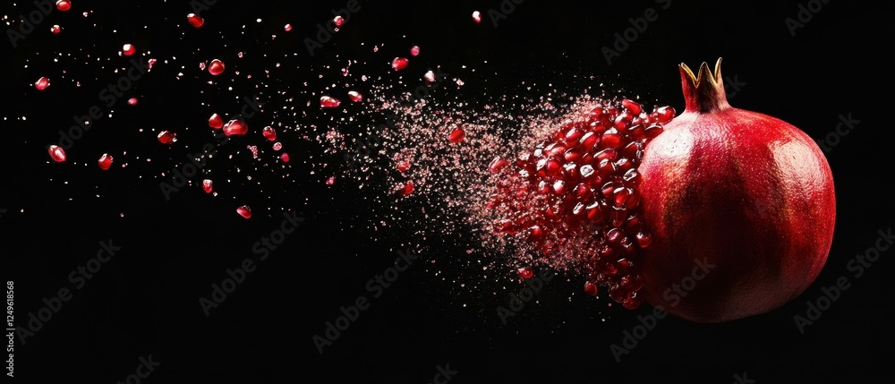 Fresh Pomegranate Exploding with Juicy Seeds on Black Background Fresh Pomegranate Exploding with Juicy Seeds on Black Background