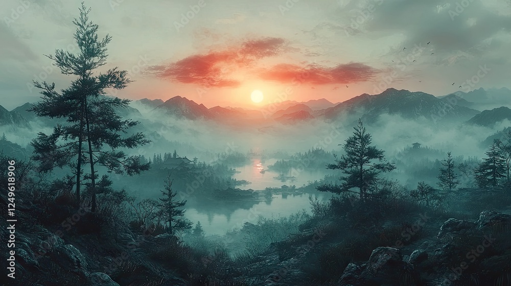 Naklejka premium Serene sunset over misty mountains and a tranquil lake.