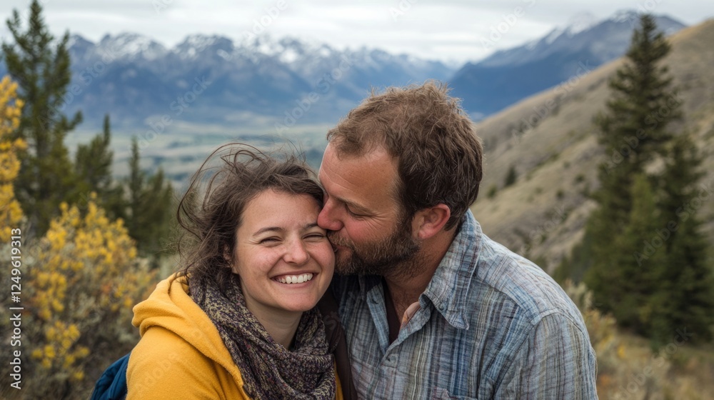 man kisses his partner on the forehead while she smiles, a mountainous landscape generative ai man kisses his partner on the forehead while she smiles, a mountainous landscape generative ai