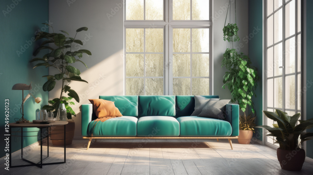 Fototapeta premium A vibrant living room featuring a teal sofa with white cushions on one side