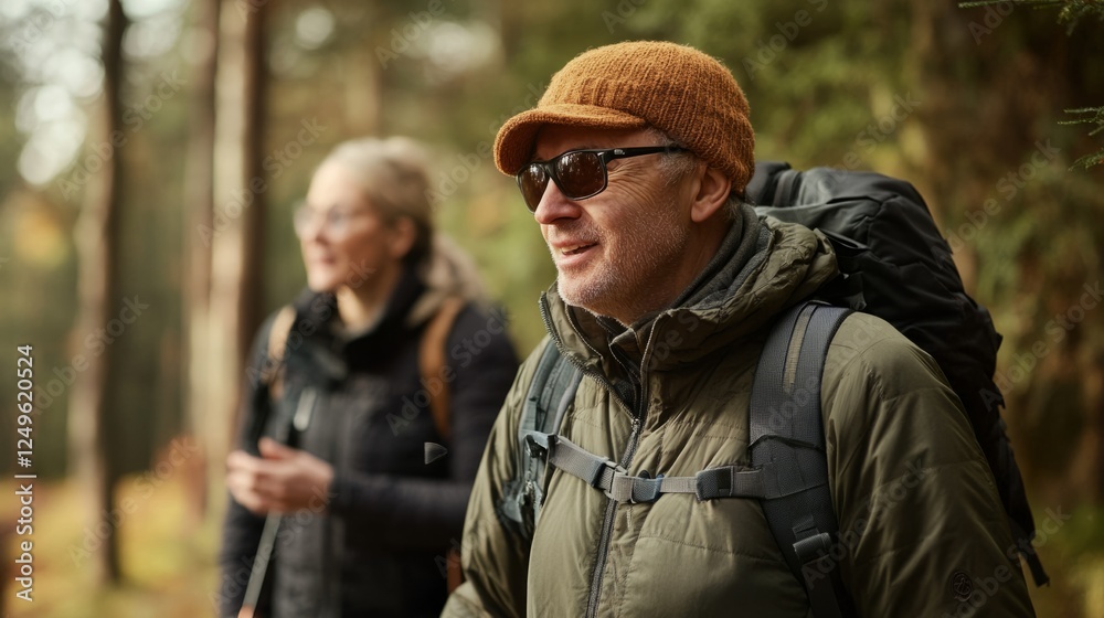 Fototapeta premium visually impaired man enjoying a guided walk along a forest trail, generative ai