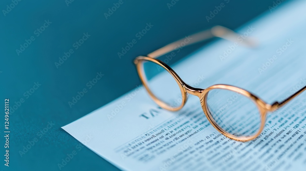 Reading glasses on document home office close-up calm environment focused concept Reading glasses on document home office close-up calm environment focused concept