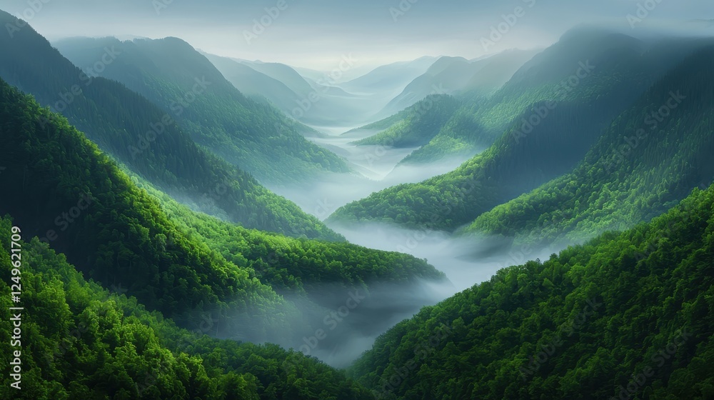 Serene mountain landscape lush valleys nature foggy environment aerial view tranquil beauty Serene mountain landscape lush valleys nature foggy environment aerial view tranquil beauty