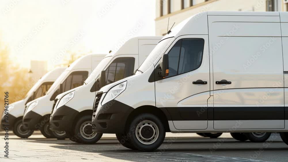 A fleet of shiny white delivery vans, complete with company logos, is lined up and ready for efficient and timely deliveries, parked in a storage lot on a sunny day.