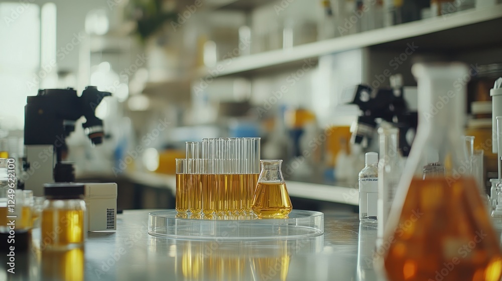Lab test tubes with yellow liquid on table. Lab test tubes with yellow liquid on table.