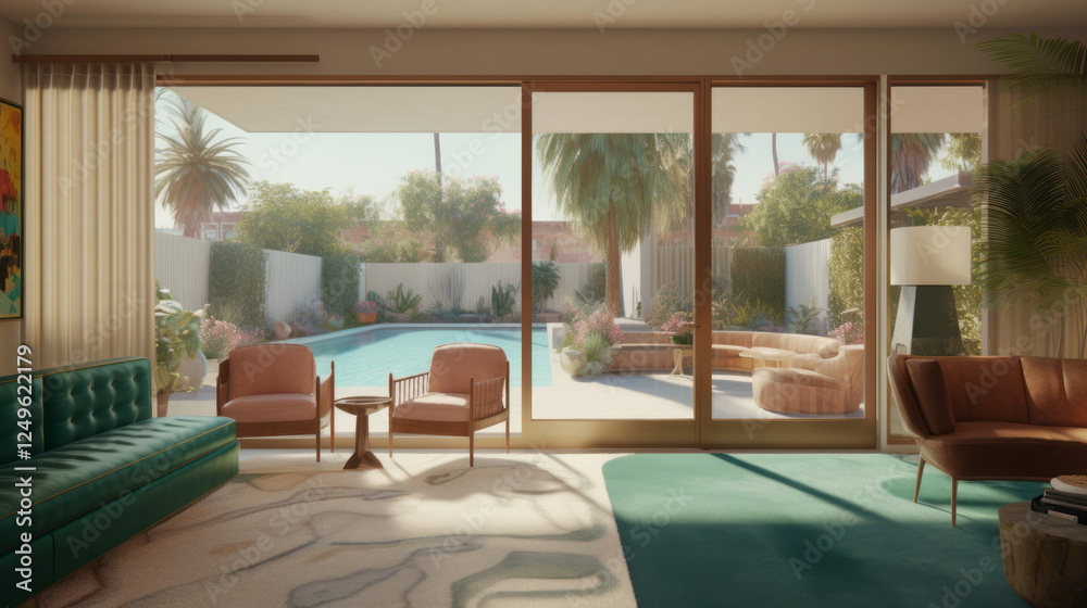 Fototapeta premium A vibrant living room featuring a teal sofa with white cushions on one side