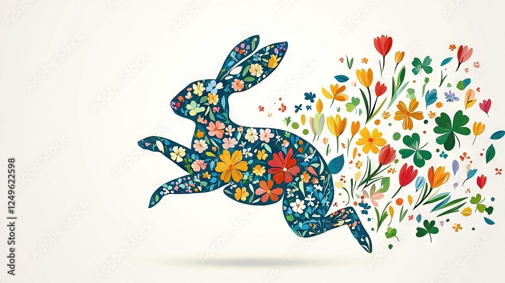 Obraz premium A flying rabbit with flowers and butterflies on its back The white background showcases the bouquet of flowers from which it's taking flight