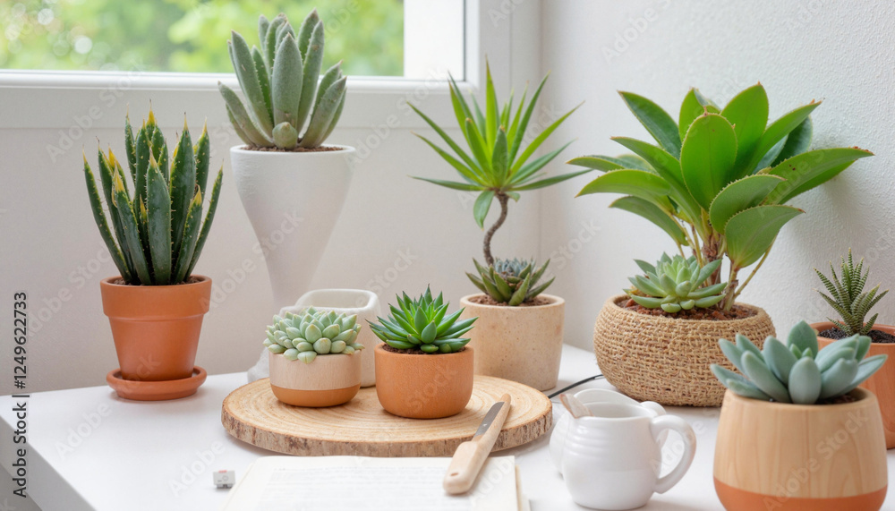 Nature-inspired home office setup with potted succulents, tranquility Nature-inspired home office setup with potted succulents, tranquility
