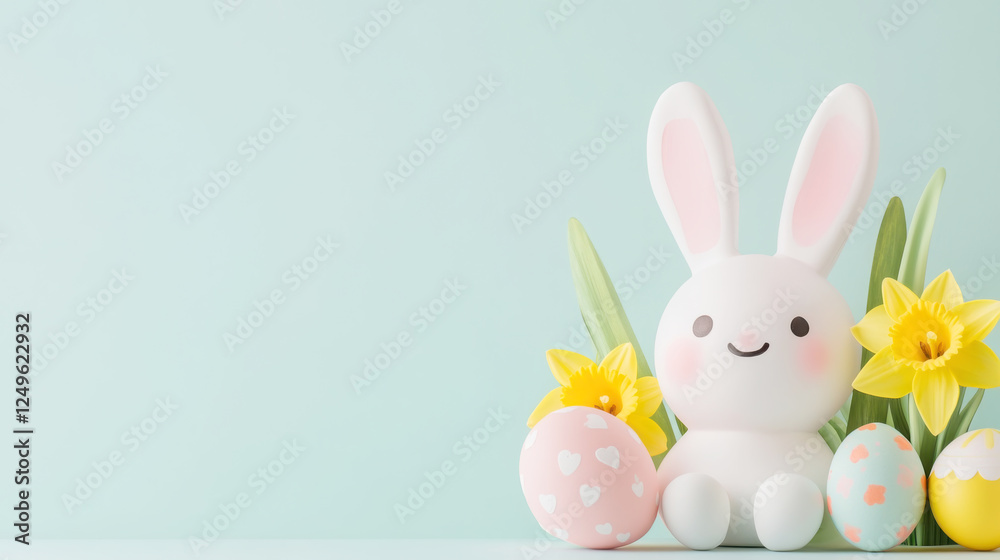 Obraz premium Charming easter bunny with daffodils, tulips, and painted eggs for festive spring decoration