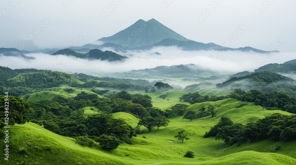 Obraz premium Serene landscape view of lush green hills and misty mountains in nature's embrace
