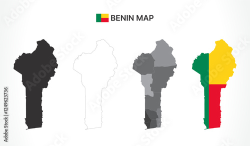 Detailed Benin Map Collection with Outline, Silhouette, Departments, and Flag Overlay Variations