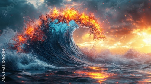Fototapeta Naklejka Na Ścianę i Meble -  Fiery ocean wave sunset; dramatic fantasy art