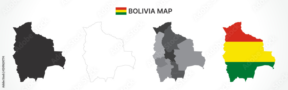 Obraz premium Detailed Bolivia Map Collection with Outline, Silhouette, Departments, and Flag Overlay Variations