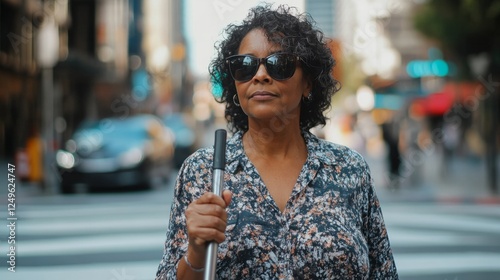 visually impaired woman using her cane to cross a pedestrian crossing, dressed in a casual suit and sunglasses generative ai
