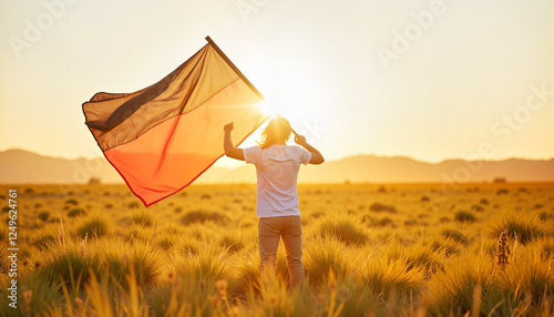 Young man proudly holding a flag in a grassy field at sunset, nationalism