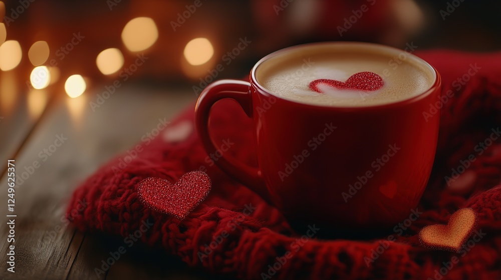 a red cup of coffee with red rose on table with bokeh light a red cup of coffee with red rose on table with bokeh light