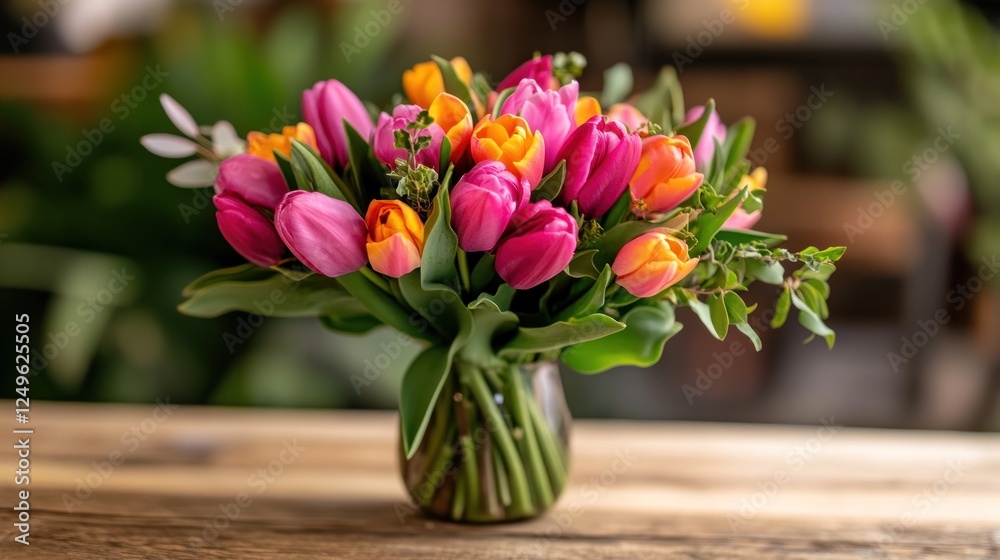 A vibrant bouquet of colorful tulips in a stylish vase on a wooden table. A vibrant bouquet of colorful tulips in a stylish vase on a wooden table.