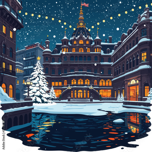 a snowy night in the city with snow covered buildings and a river in the fore