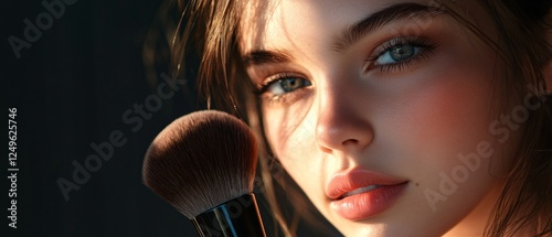 Professional Young Woman Applying Makeup with Brush in Ultra High-Definition Detail